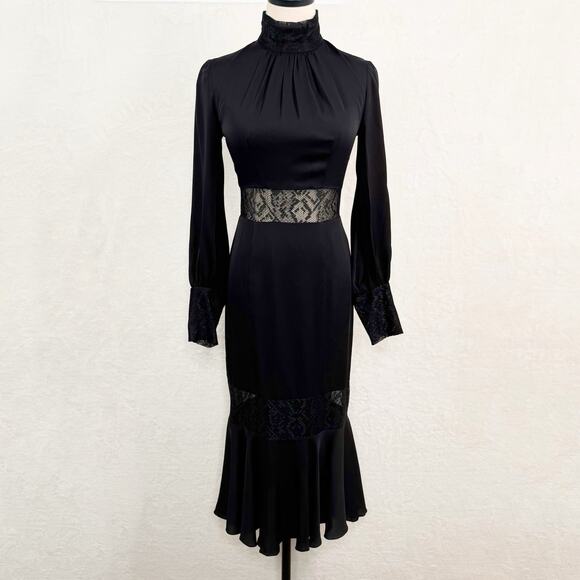 Milly Arianna Python Lace Dress Black Midi Long Sleeve Cocktail Party Size 4 - Picture 3 of 15